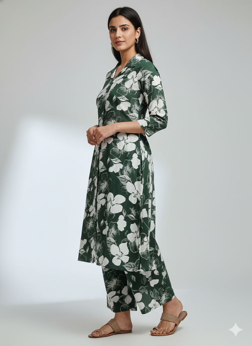 Forest Green Floral Printed Long Coord Set | Elegant Full-Length Shirt & Palazzo Co-ord for Daily & Occasion Wear
