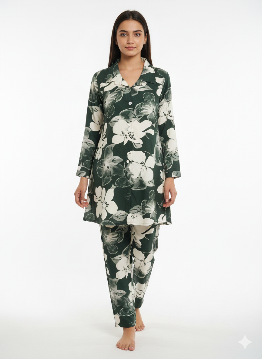 Forest Green Floral Printed Long Coord Set | Elegant Full-Length Shirt & Palazzo Co-ord for Daily & Occasion Wear
