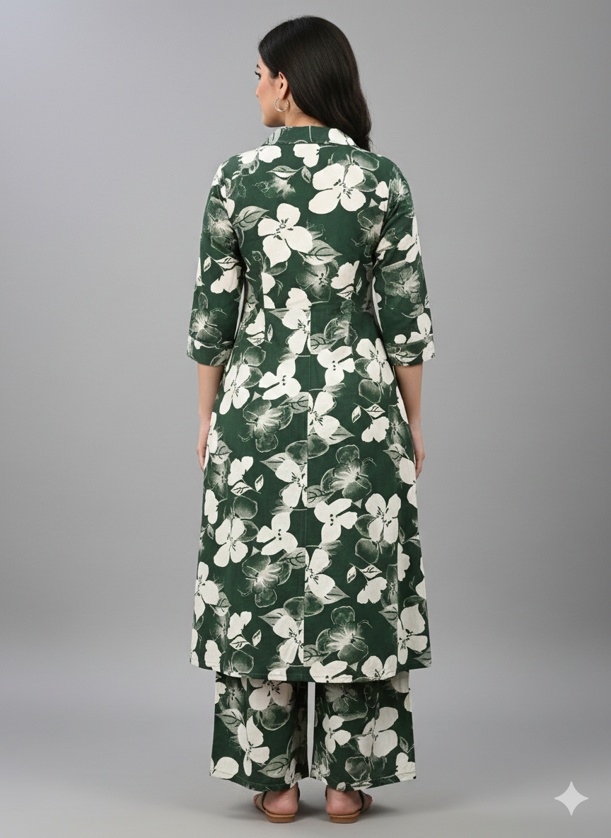 Forest Green Floral Printed Long Coord Set | Elegant Full-Length Shirt & Palazzo Co-ord for Daily & Occasion Wear