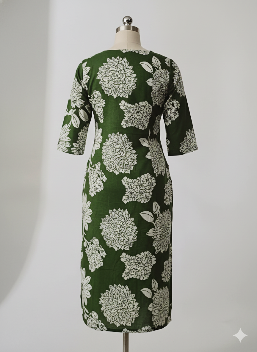 Plus Size Forest Green Floral Cotton Long Kurta for Women | 3/4 Sleeve Printed Kurti XXL–5XL