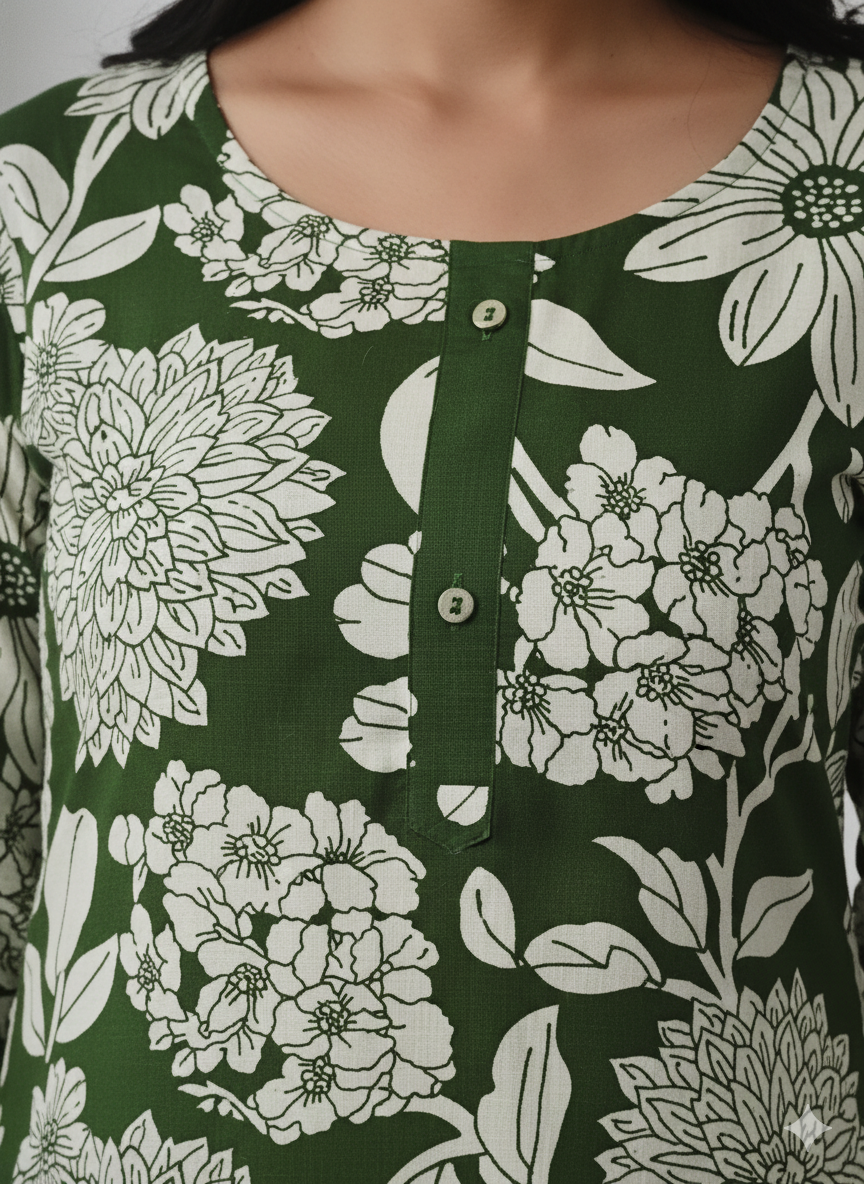 Plus Size Forest Green Floral Cotton Long Kurta for Women | 3/4 Sleeve Printed Kurti XXL–5XL