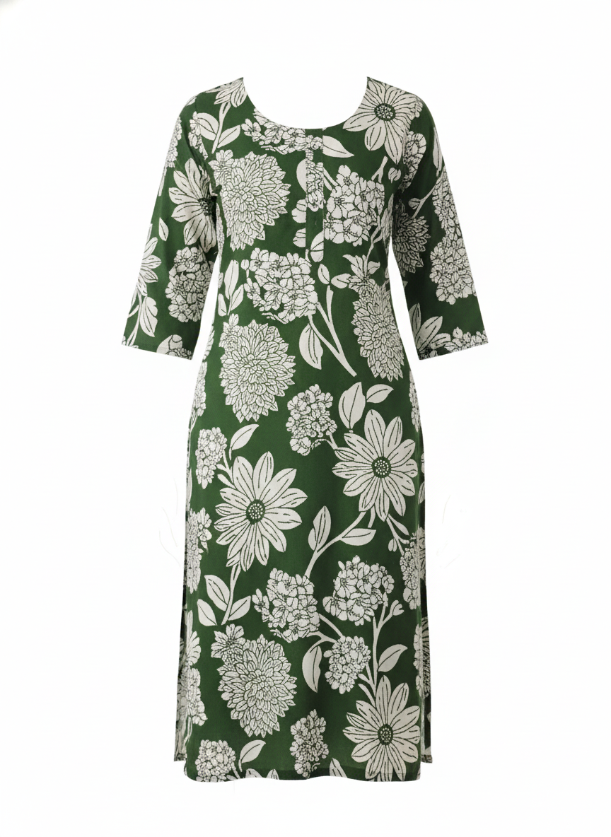 Plus Size Forest Green Floral Cotton Long Kurta for Women | 3/4 Sleeve Printed Kurti XXL–5XL