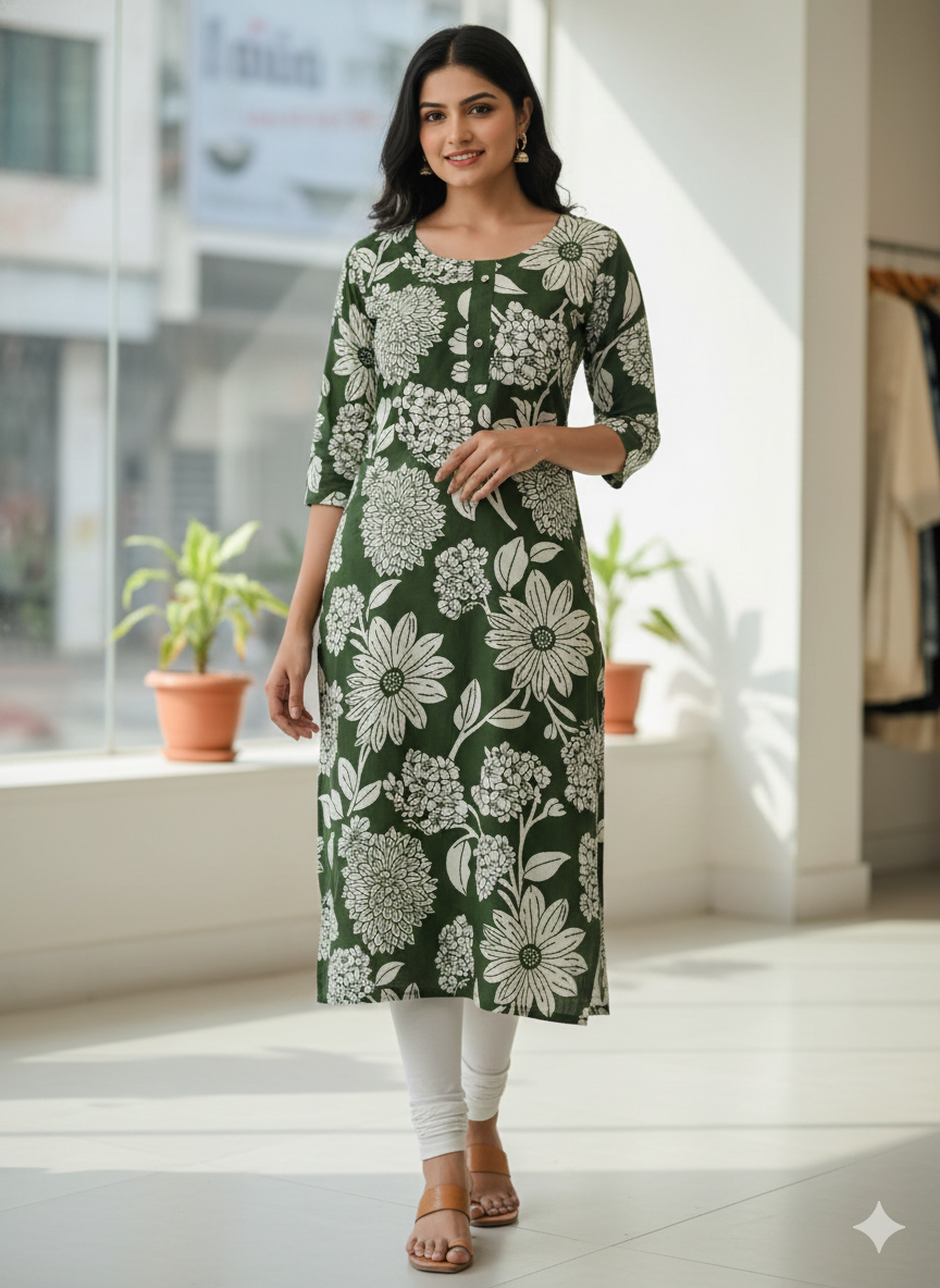 Plus Size Forest Green Floral Cotton Long Kurta for Women | 3/4 Sleeve Printed Kurti XXL–5XL