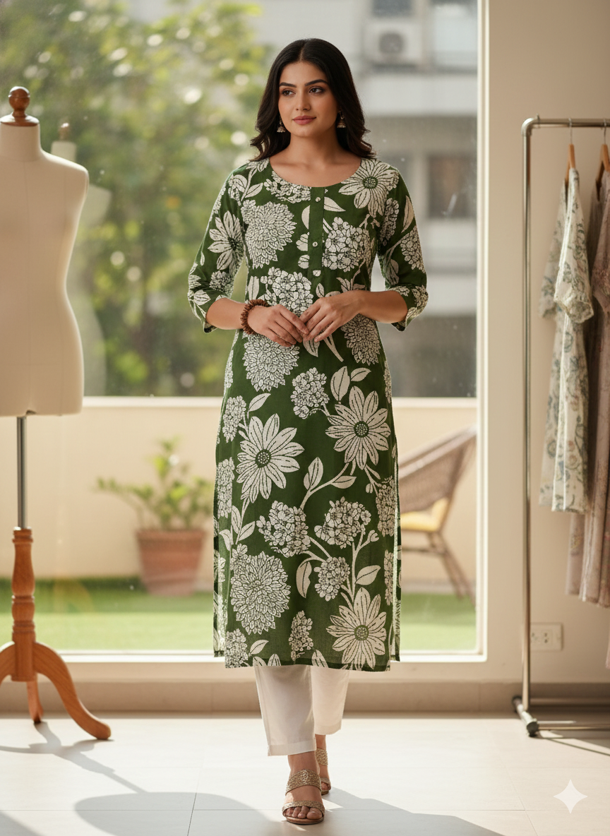 Plus Size Forest Green Floral Cotton Long Kurta for Women | 3/4 Sleeve Printed Kurti XXL–5XL