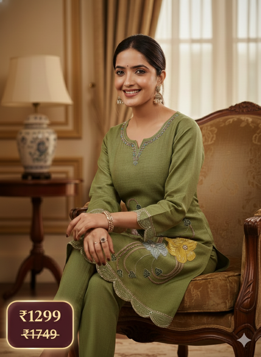Elegant Embroidered Cord Set for Women – Pastel Floral Design | Comfortable Daily Wear Kurta & Pant Set