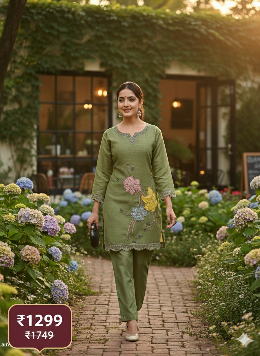 Elegant Embroidered Cord Set for Women – Pastel Floral Design | Comfortable Daily Wear Kurta & Pant Set