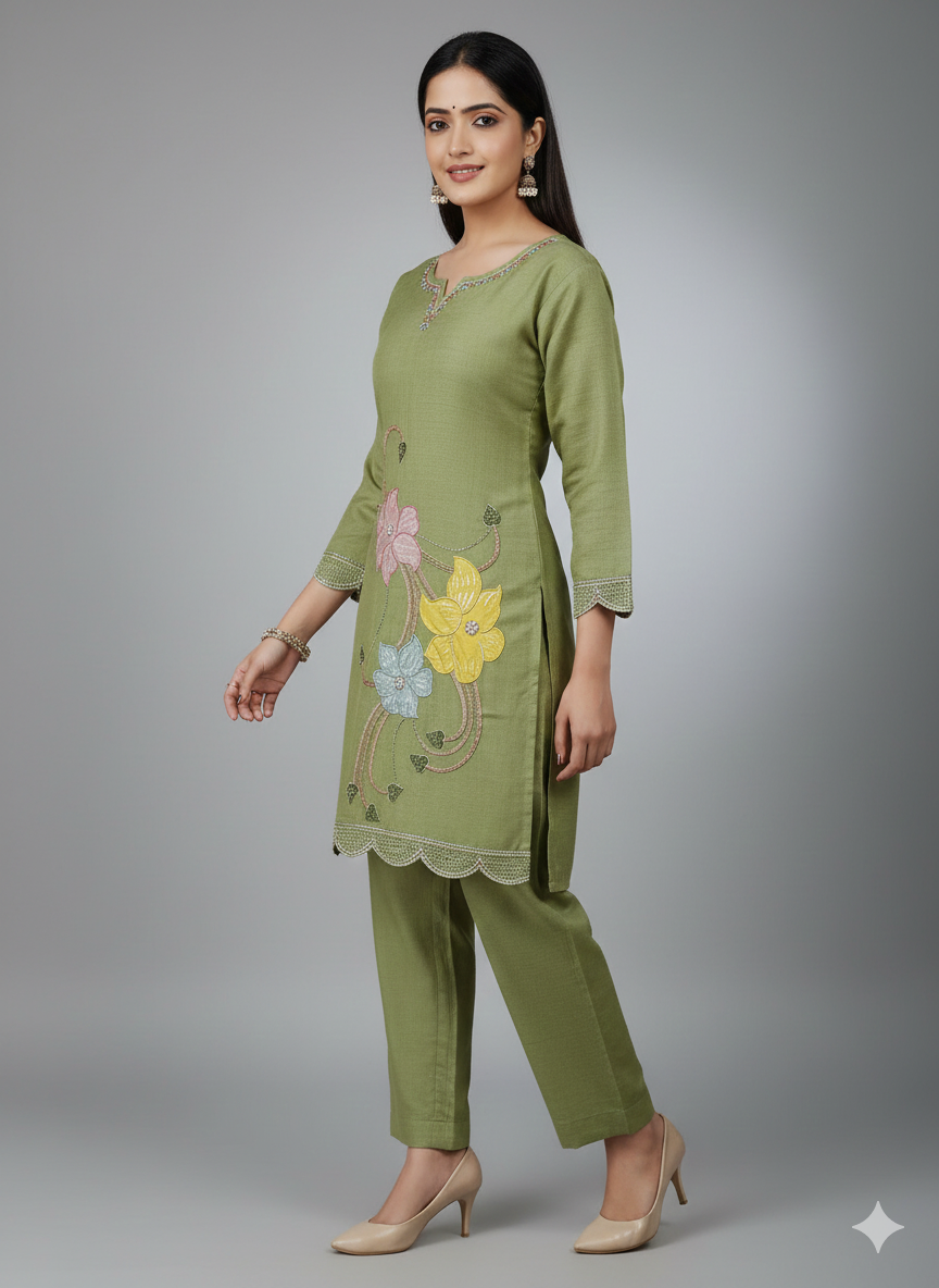 Elegant Embroidered Cord Set for Women – Pastel Floral Design | Comfortable Daily Wear Kurta & Pant Set