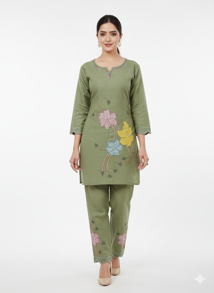 Elegant Embroidered Cord Set for Women – Pastel Floral Design | Comfortable Daily Wear Kurta & Pant Set