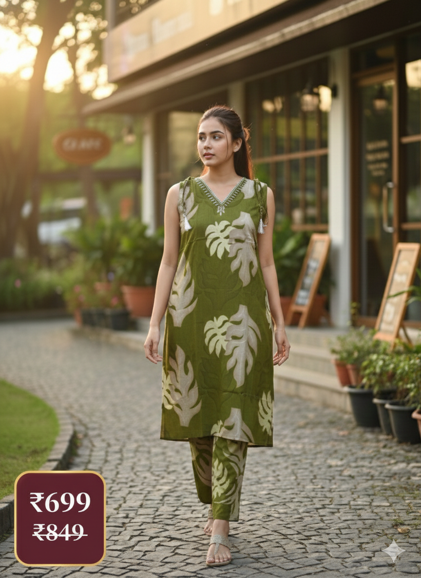 Green Leaf Print Sleeveless Co-ord Set for Women – Elegant Cotton Kurta & Pant Set | Short Sleeves Attached Inside