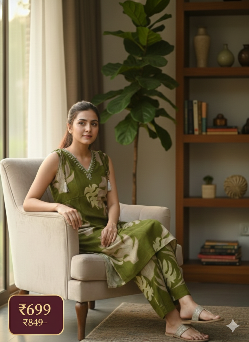 Green Leaf Print Sleeveless Co-ord Set for Women – Elegant Cotton Kurta & Pant Set | Short Sleeves Attached Inside