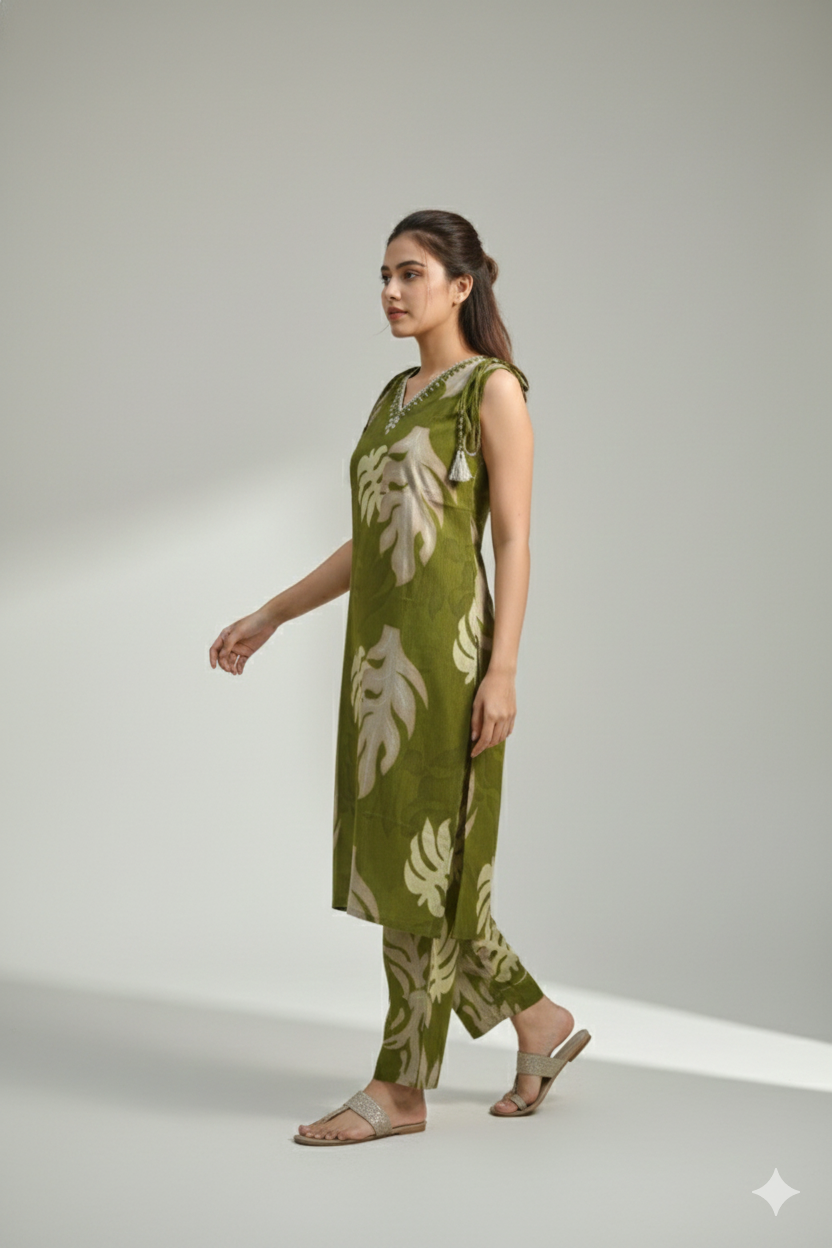 Green Leaf Print Sleeveless Co-ord Set for Women – Elegant Cotton Kurta & Pant Set | Short Sleeves Attached Inside