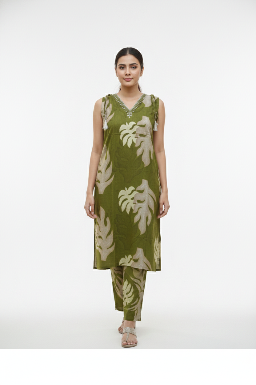 Green Leaf Print Sleeveless Co-ord Set for Women – Elegant Cotton Kurta & Pant Set | Short Sleeves Attached Inside