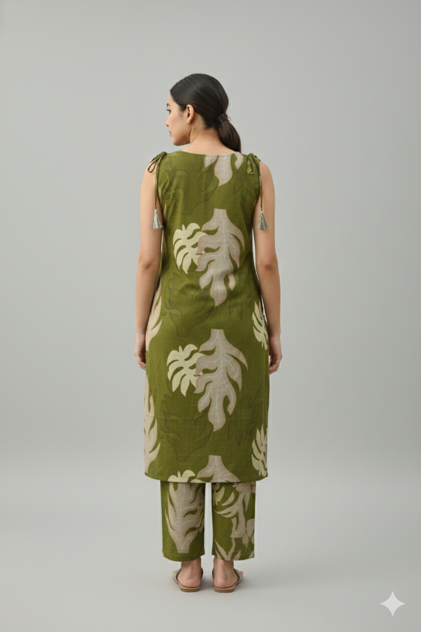Green Leaf Print Sleeveless Co-ord Set for Women – Elegant Cotton Kurta & Pant Set | Short Sleeves Attached Inside