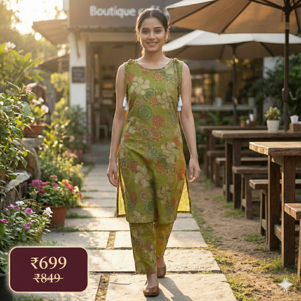 Green Printed Sleeveless Co-Ord Set for Women – Comfortable Daily Wear Suit Set (Short Sleeves Attached Inside)