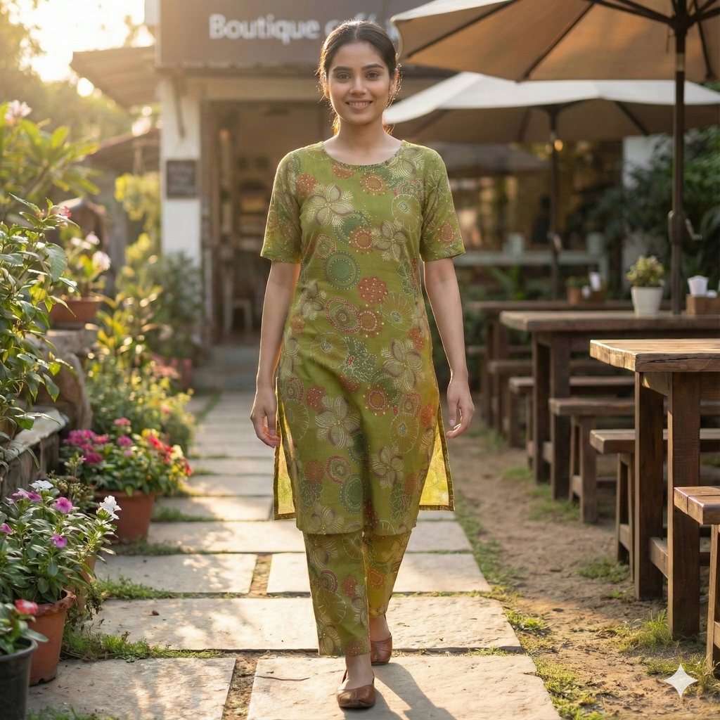 Green Printed Sleeveless Co-Ord Set for Women – Comfortable Daily Wear Suit Set (Short Sleeves Attached Inside)