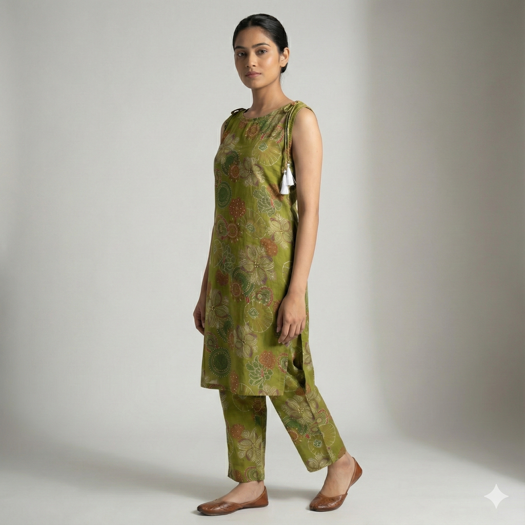 Green Printed Sleeveless Co-Ord Set for Women – Comfortable Daily Wear Suit Set (Short Sleeves Attached Inside)
