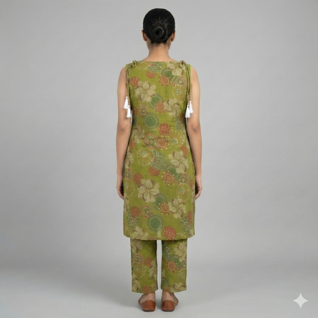Green Printed Sleeveless Co-Ord Set for Women – Comfortable Daily Wear Suit Set (Short Sleeves Attached Inside)