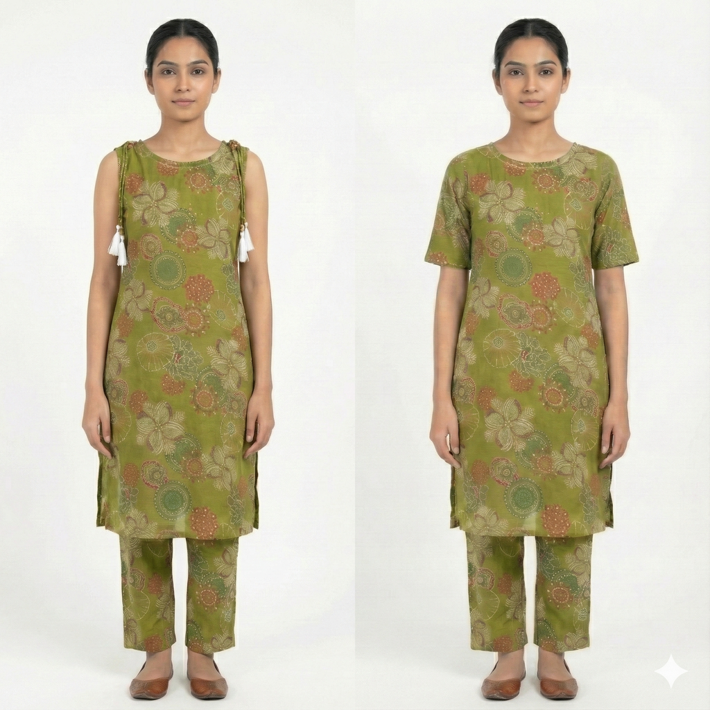 Green Printed Sleeveless Co-Ord Set for Women – Comfortable Daily Wear Suit Set (Short Sleeves Attached Inside)