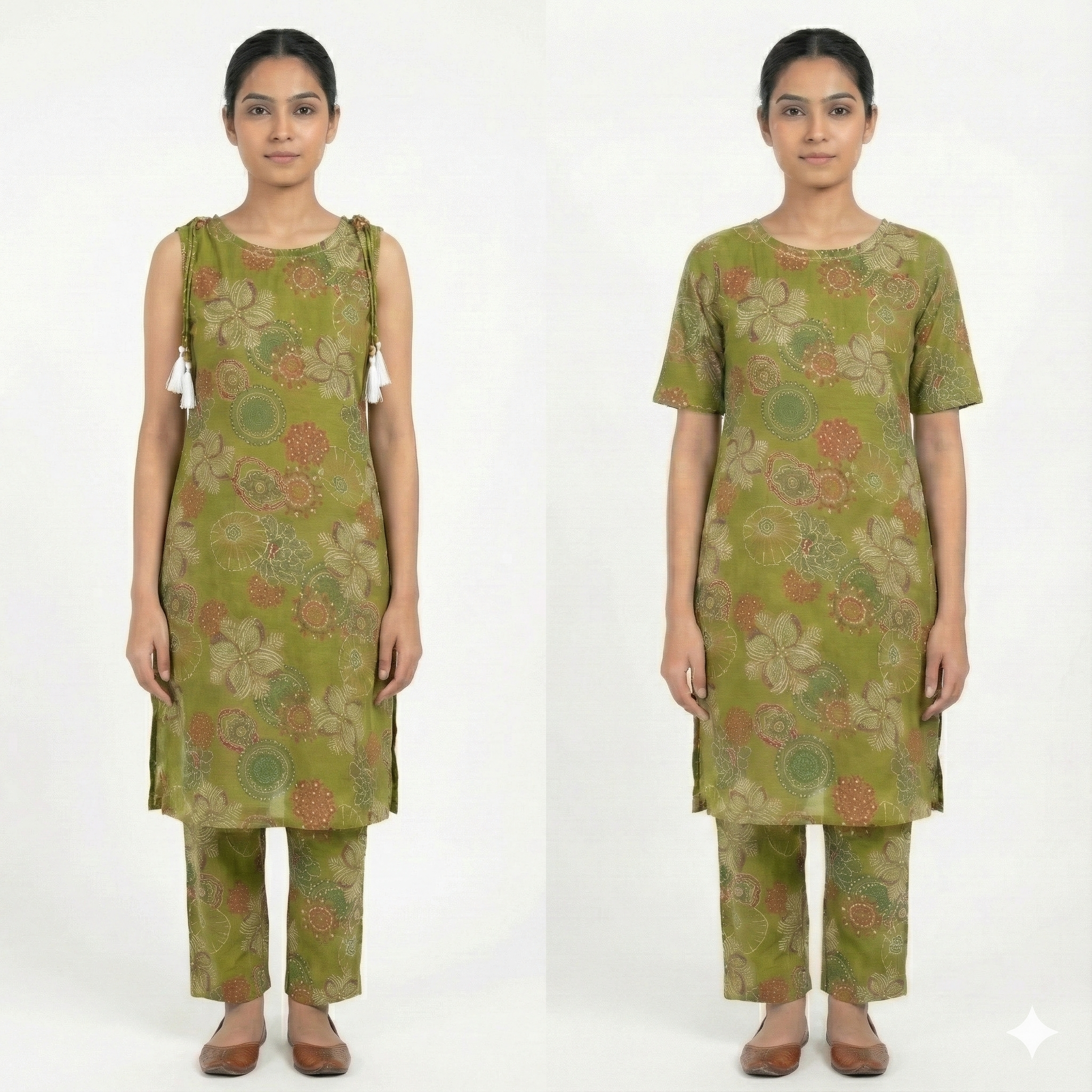 Green Printed Sleeveless Co-Ord Set for Women – Comfortable Daily Wear Suit Set (Short Sleeves Attached Inside)