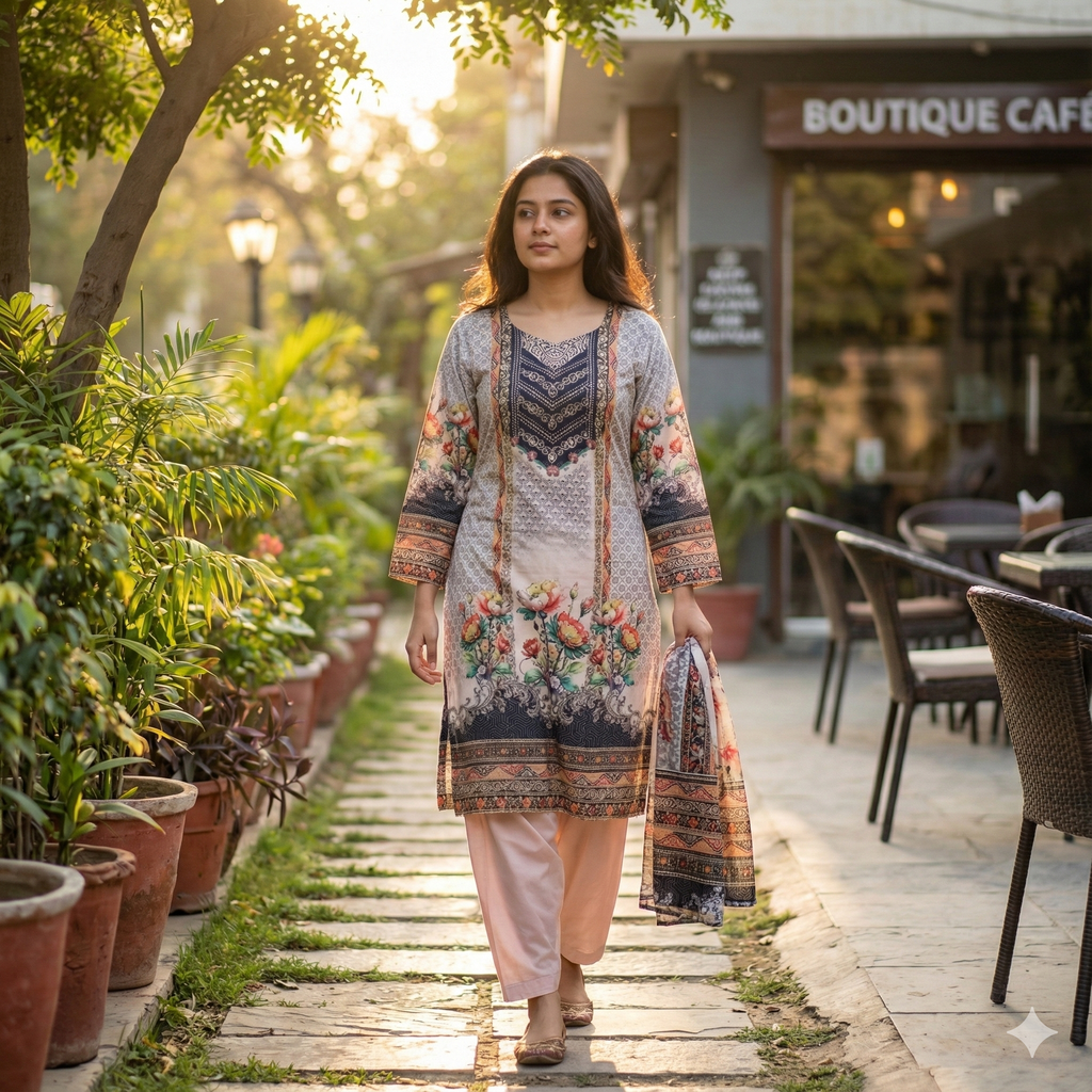 Floral Printed Grey & Peach 3-Piece Kurta Pant Dupatta Set for Women | Elegant Daily Wear Suit