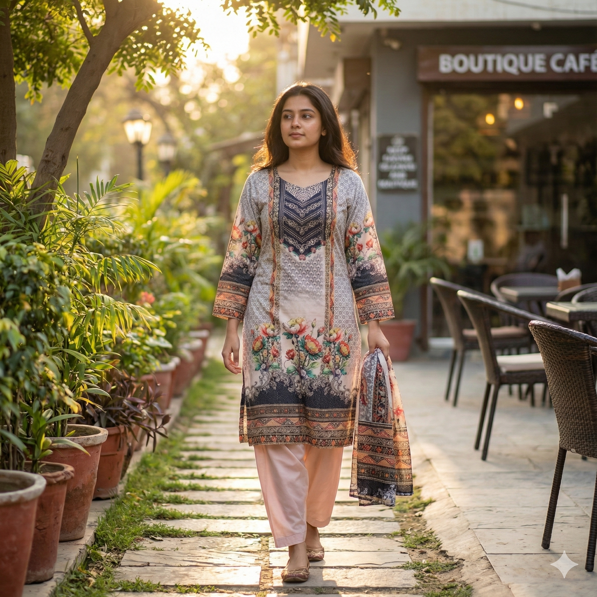 Floral Printed Grey & Peach 3-Piece Kurta Pant Dupatta Set for Women | Elegant Daily Wear Suit