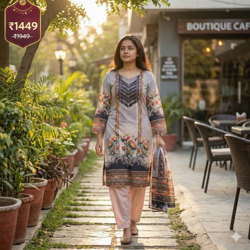 Floral Printed Grey & Peach 3-Piece Kurta Pant Dupatta Set for Women | Elegant Daily Wear Suit