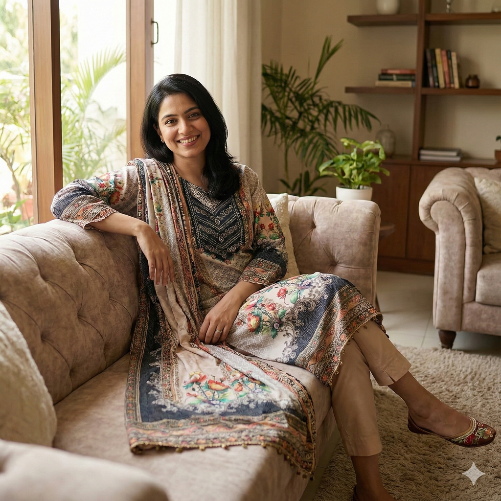 Floral Printed Grey & Peach 3-Piece Kurta Pant Dupatta Set for Women | Elegant Daily Wear Suit