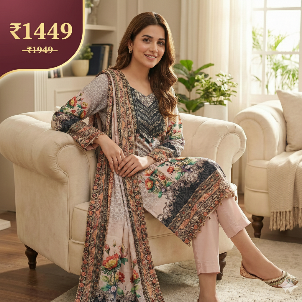 Floral Printed Grey & Peach 3-Piece Kurta Pant Dupatta Set for Women | Elegant Daily Wear Suit