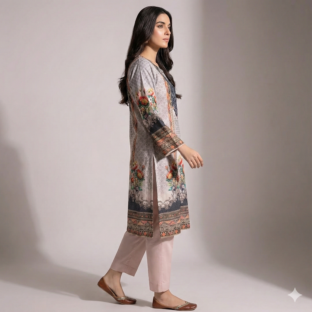 Floral Printed Grey & Peach 3-Piece Kurta Pant Dupatta Set for Women | Elegant Daily Wear Suit