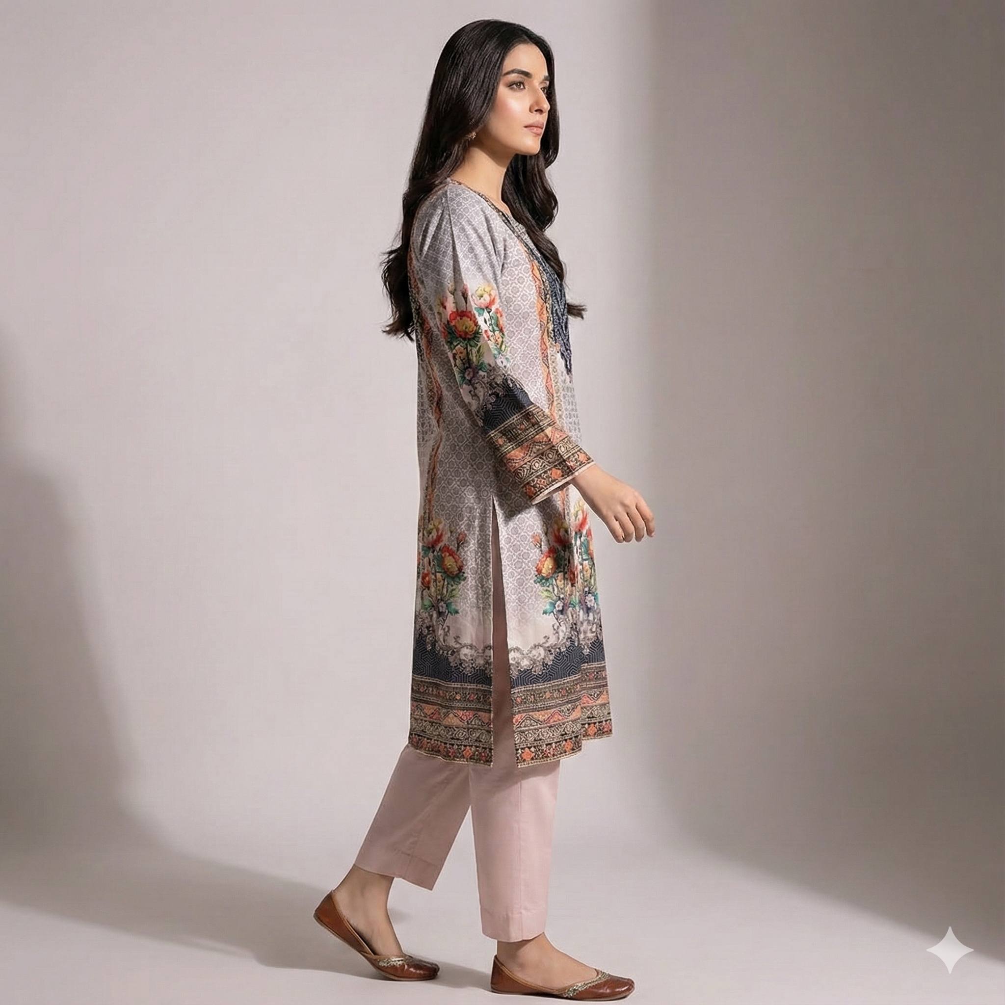 Floral Printed Grey & Peach 3-Piece Kurta Pant Dupatta Set for Women | Elegant Daily Wear Suit
