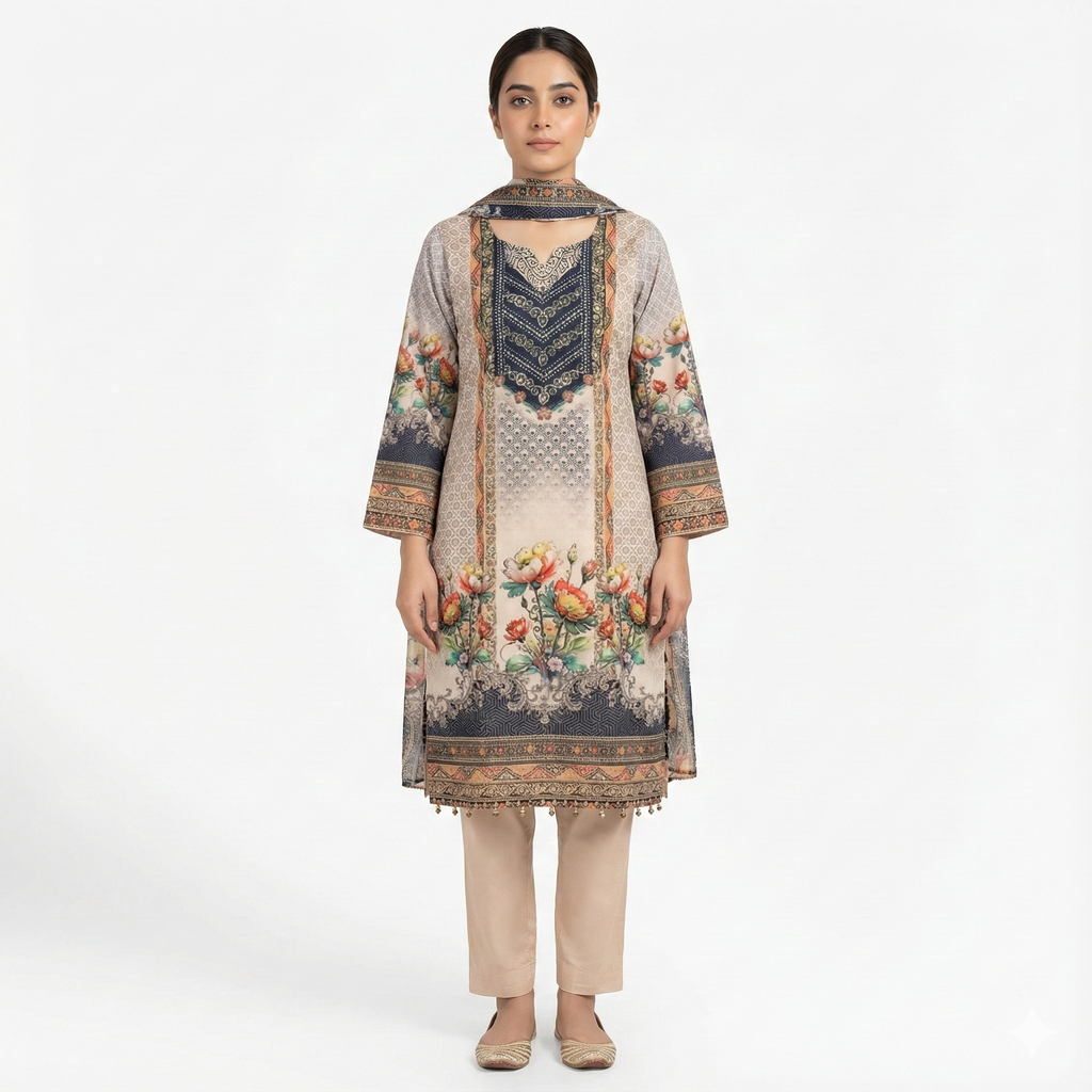 Floral Printed Grey & Peach 3-Piece Kurta Pant Dupatta Set for Women | Elegant Daily Wear Suit