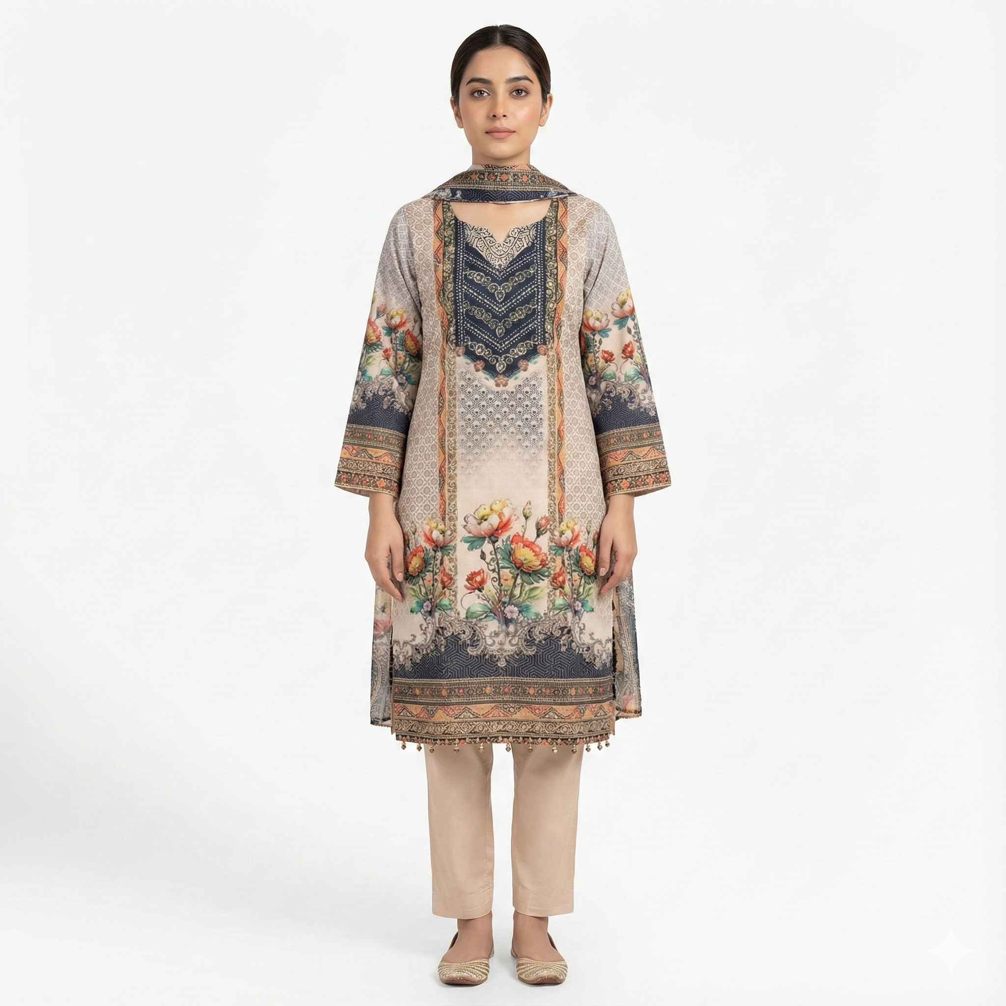 Floral Printed Grey & Peach 3-Piece Kurta Pant Dupatta Set for Women | Elegant Daily Wear Suit