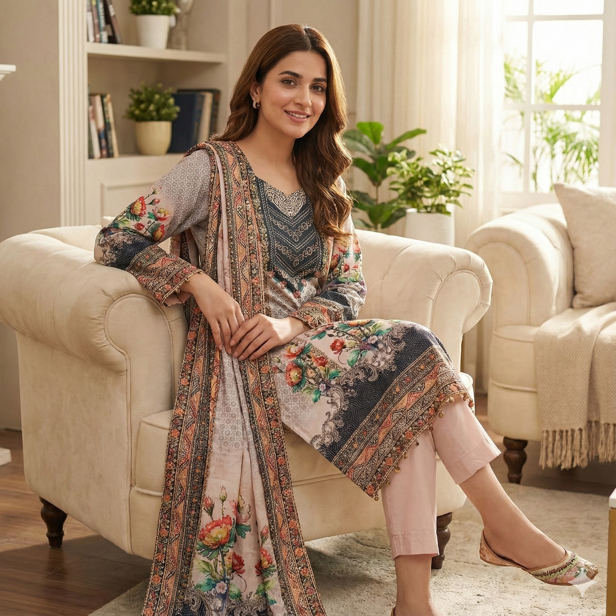 Floral Printed Grey & Peach 3-Piece Kurta Pant Dupatta Set for Women | Elegant Daily Wear Suit