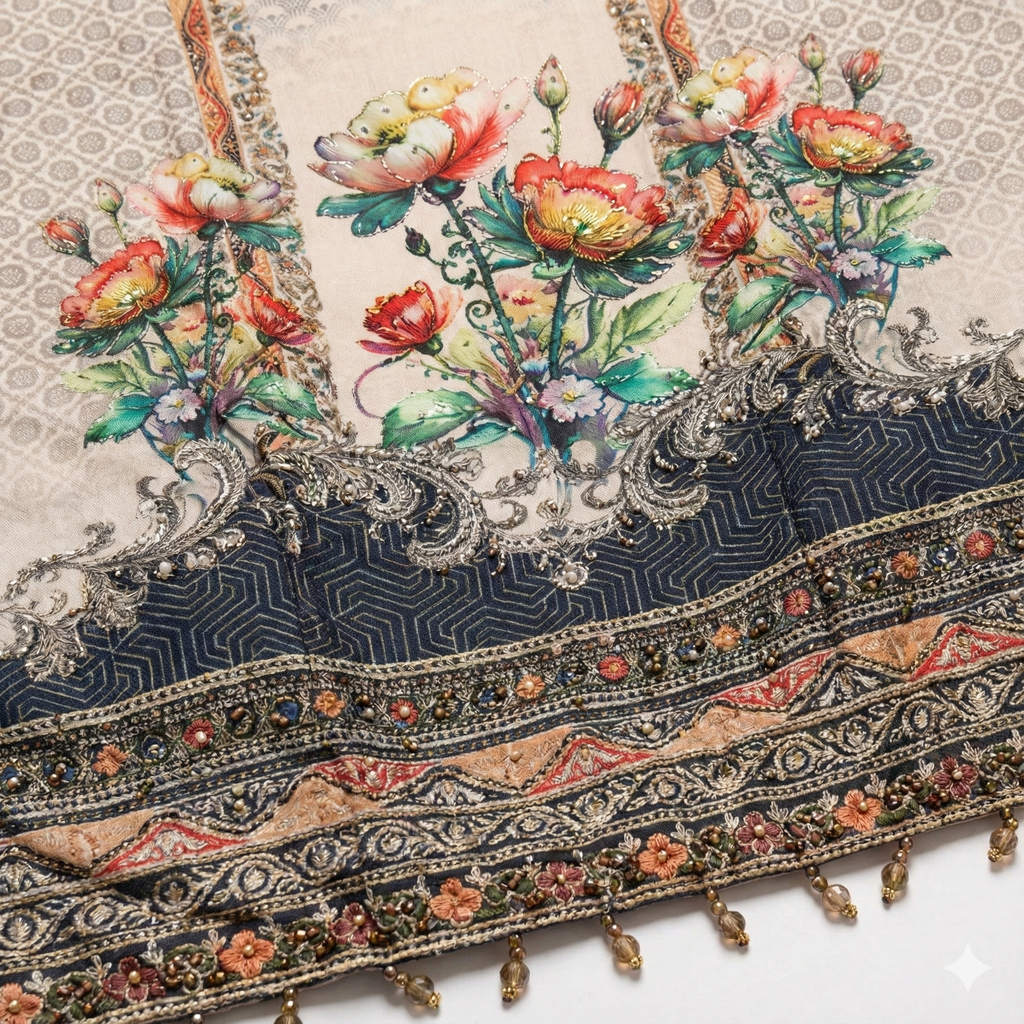 Floral Printed Grey & Peach 3-Piece Kurta Pant Dupatta Set for Women | Elegant Daily Wear Suit