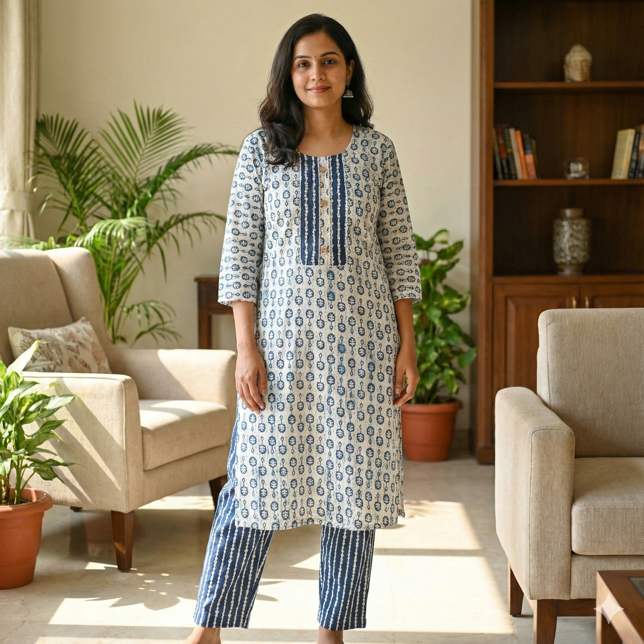 Indigo Block Print Cotton Kurta & Pant Set for Women – Comfortable Daily Wear Ethnic Co-ord