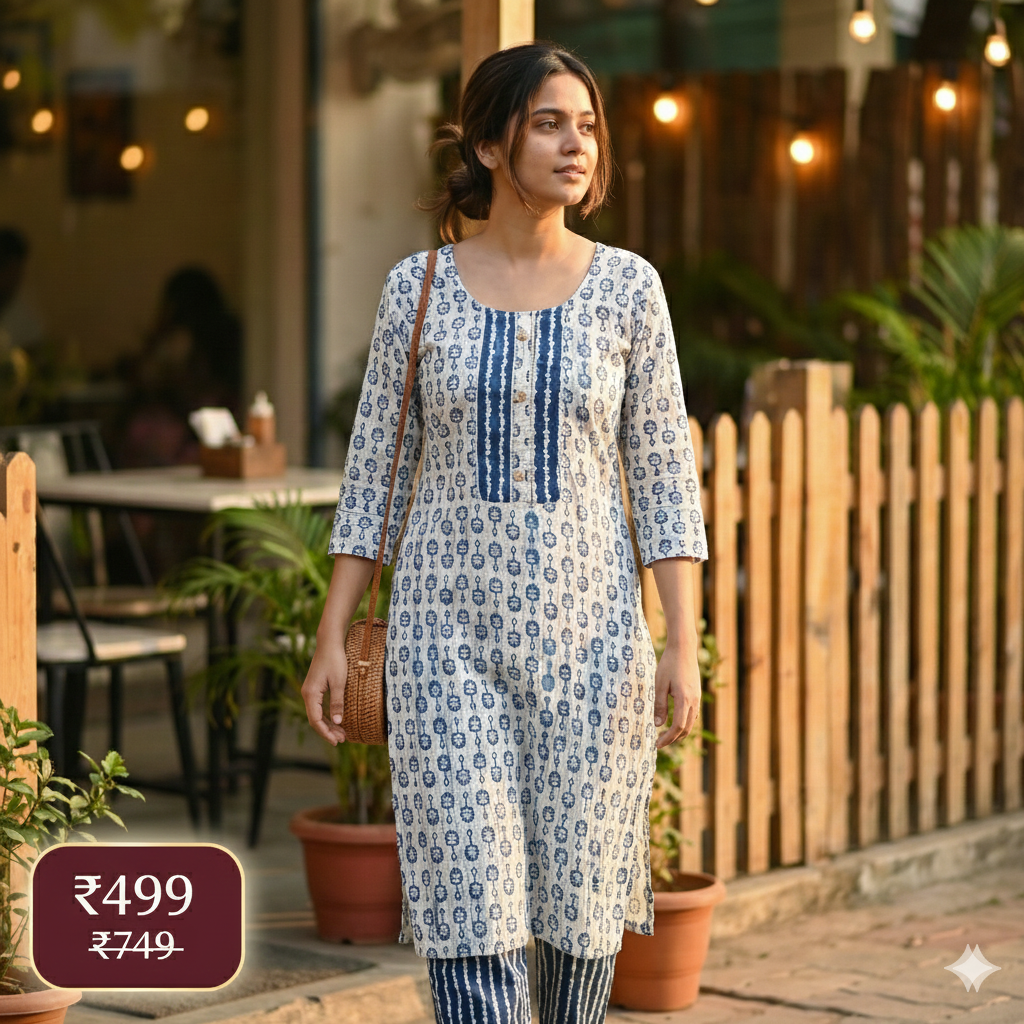Indigo Block Print Cotton Kurta & Pant Set for Women – Comfortable Daily Wear Ethnic Co-ord