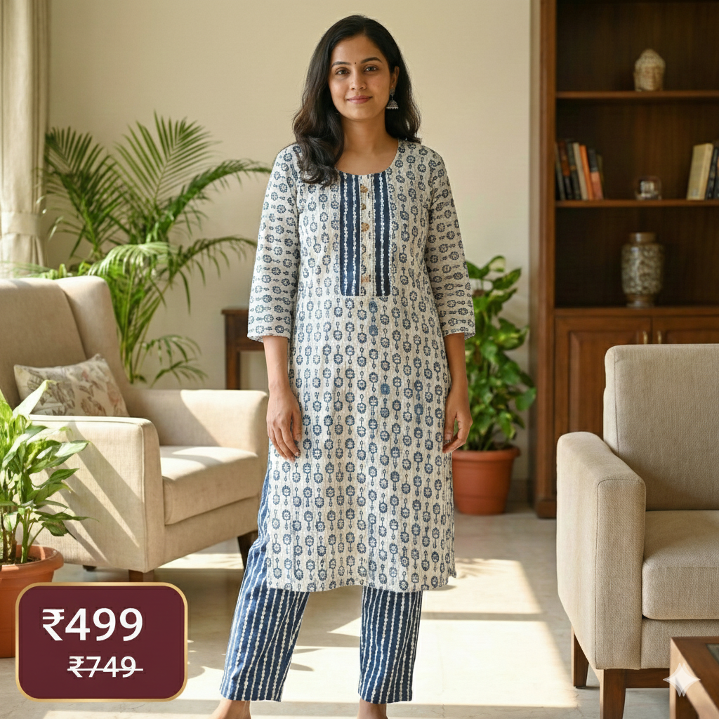 Indigo Block Print Cotton Kurta & Pant Set for Women – Comfortable Daily Wear Ethnic Co-ord