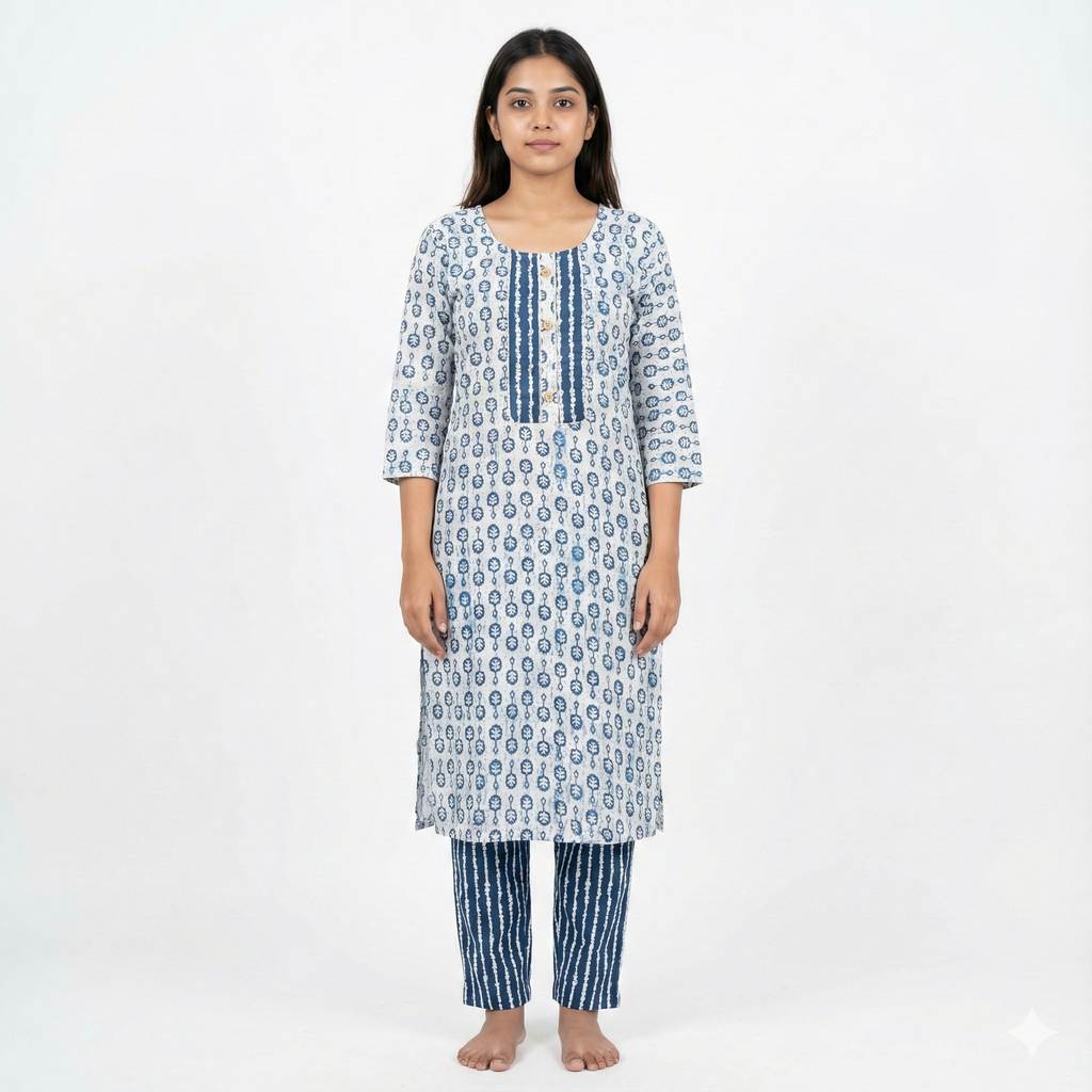 Indigo Block Print Cotton Kurta & Pant Set for Women – Comfortable Daily Wear Ethnic Co-ord