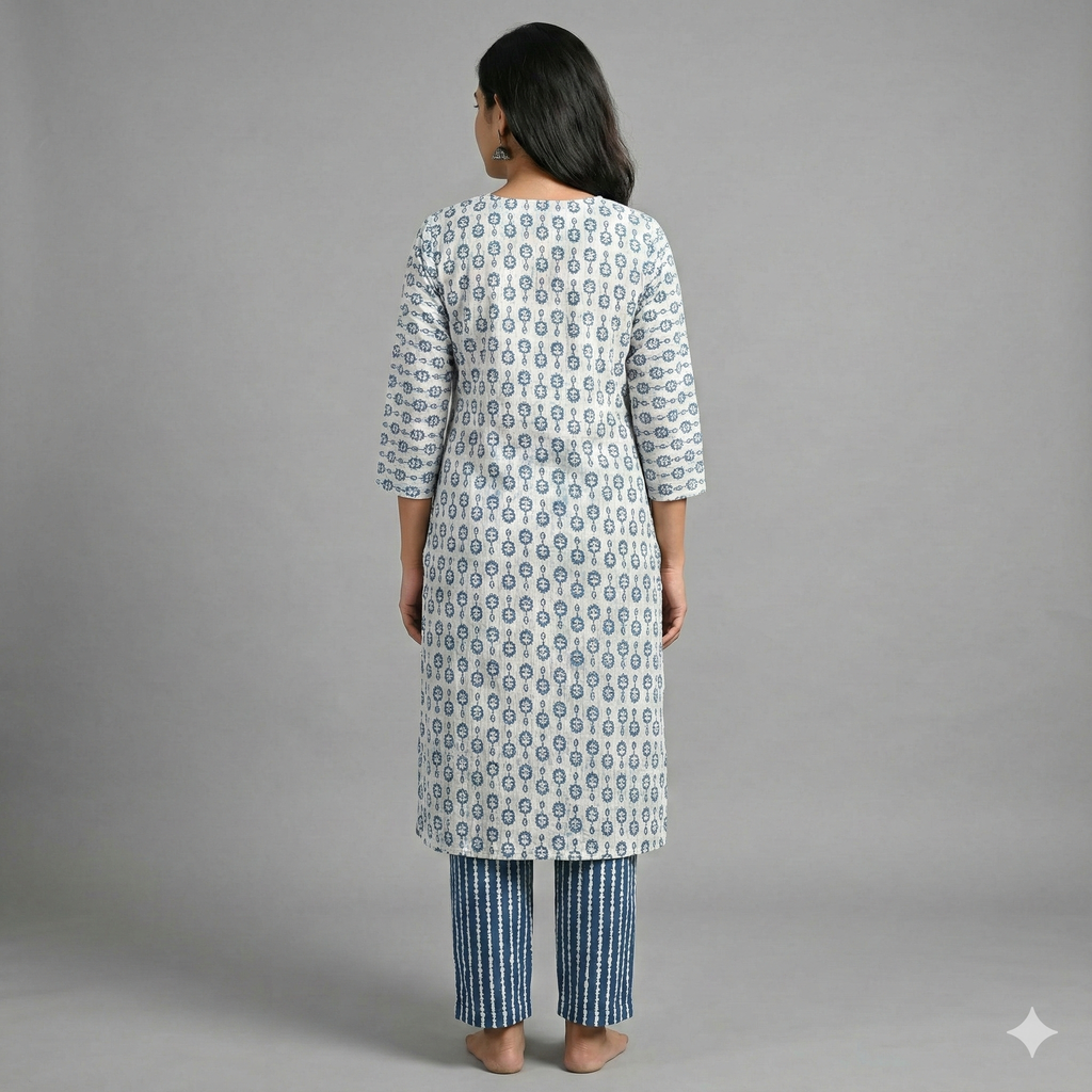 Indigo Block Print Cotton Kurta & Pant Set for Women – Comfortable Daily Wear Ethnic Co-ord