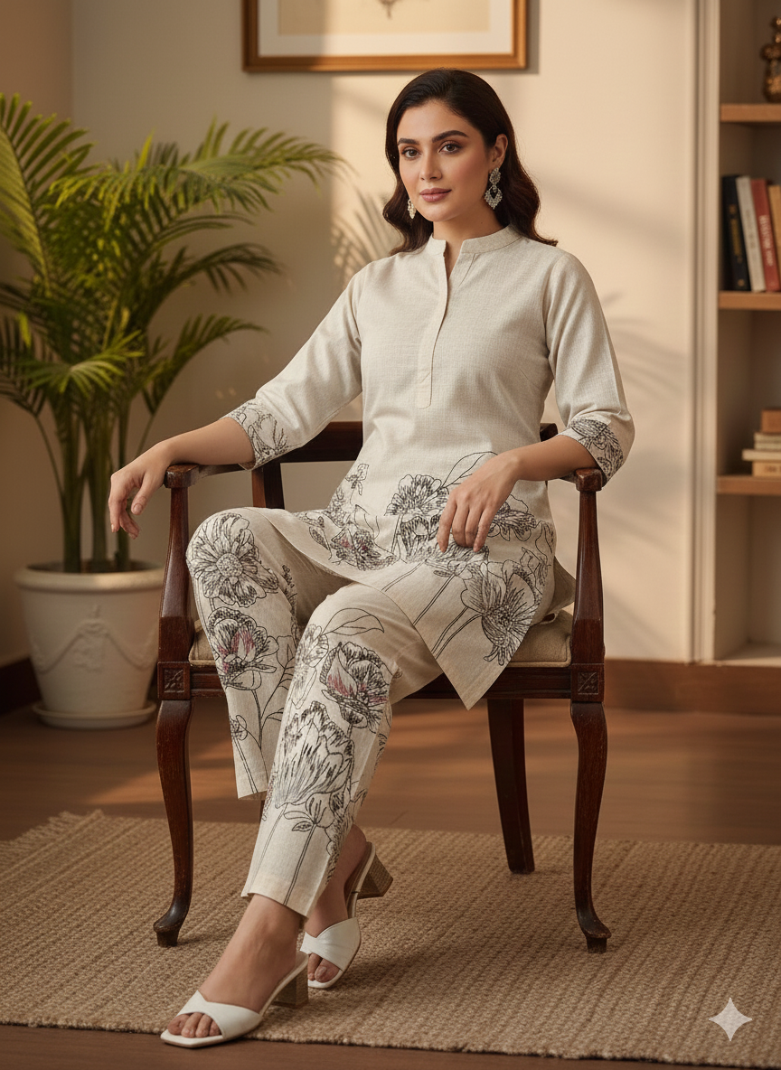 Beige Khadi Floral Printed Cord Set for Women – Elegant Khadi Cotton Co-ord with Straight Kurta & Pant | Office & Everyday Wear