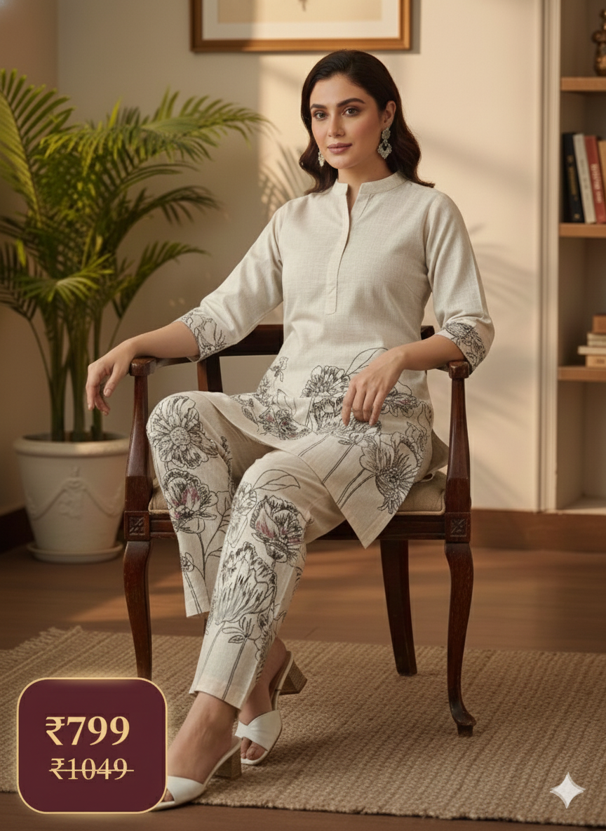 Beige Khadi Floral Printed Cord Set for Women – Elegant Khadi Cotton Co-ord with Straight Kurta & Pant | Office & Everyday Wear