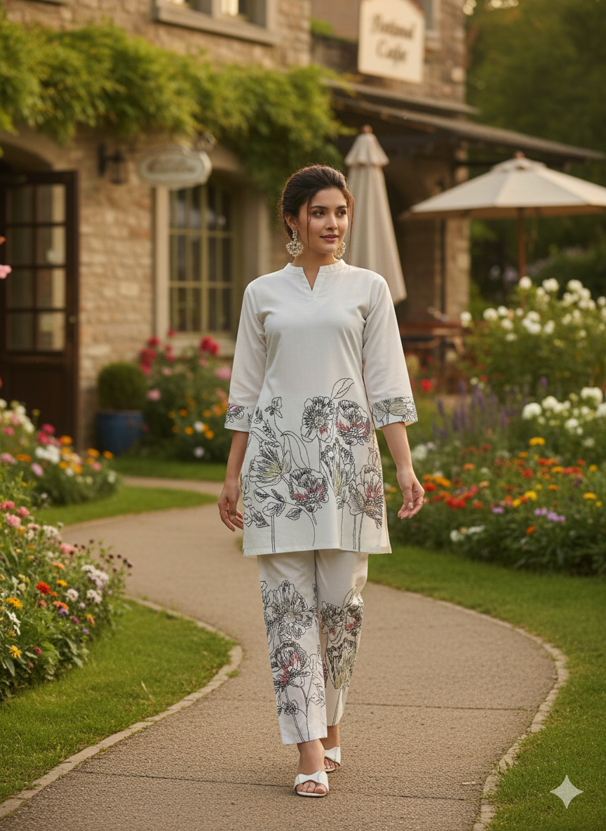 Beige Khadi Floral Printed Cord Set for Women – Elegant Khadi Cotton Co-ord with Straight Kurta & Pant | Office & Everyday Wear