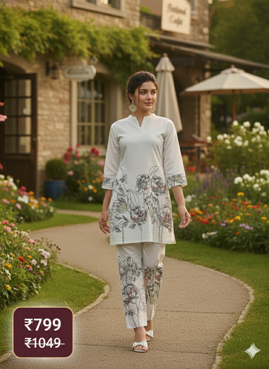 Beige Khadi Floral Printed Cord Set for Women – Elegant Khadi Cotton Co-ord with Straight Kurta & Pant | Office & Everyday Wear