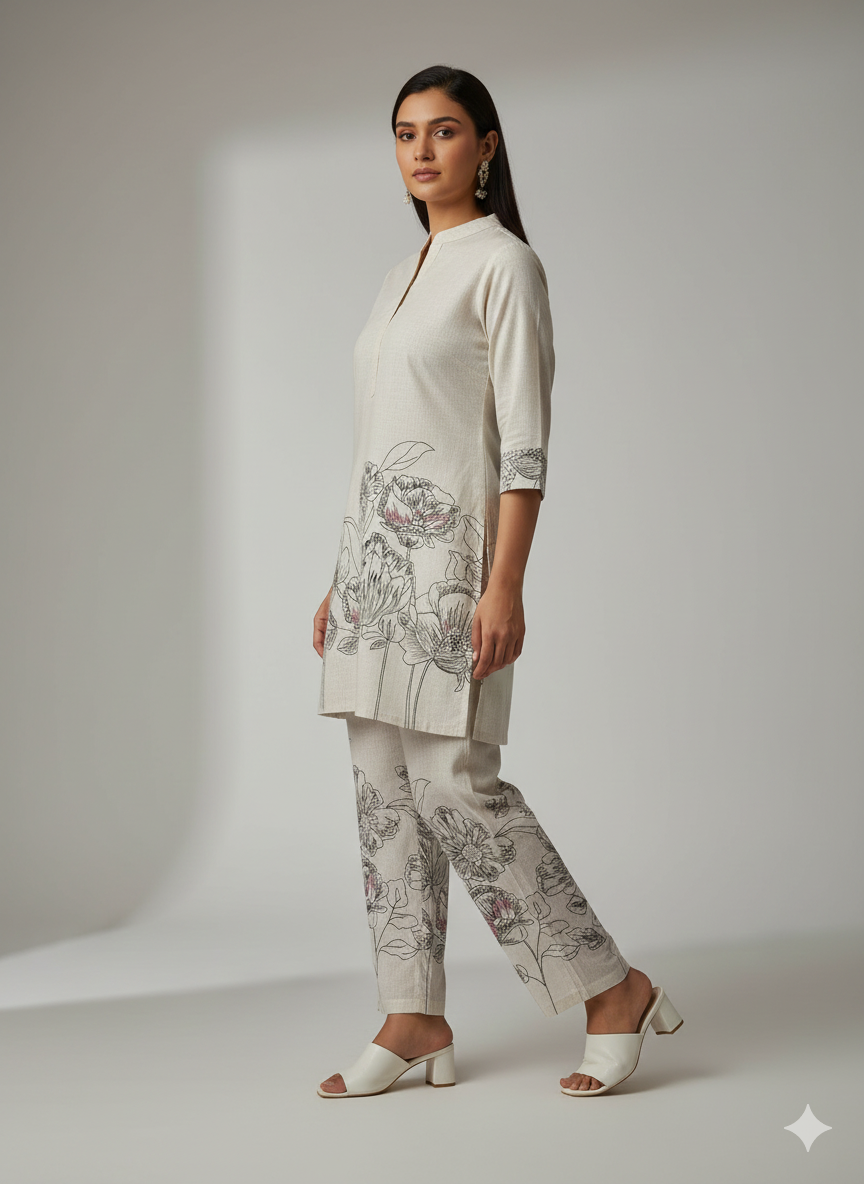 Beige Khadi Floral Printed Cord Set for Women – Elegant Khadi Cotton Co-ord with Straight Kurta & Pant | Office & Everyday Wear