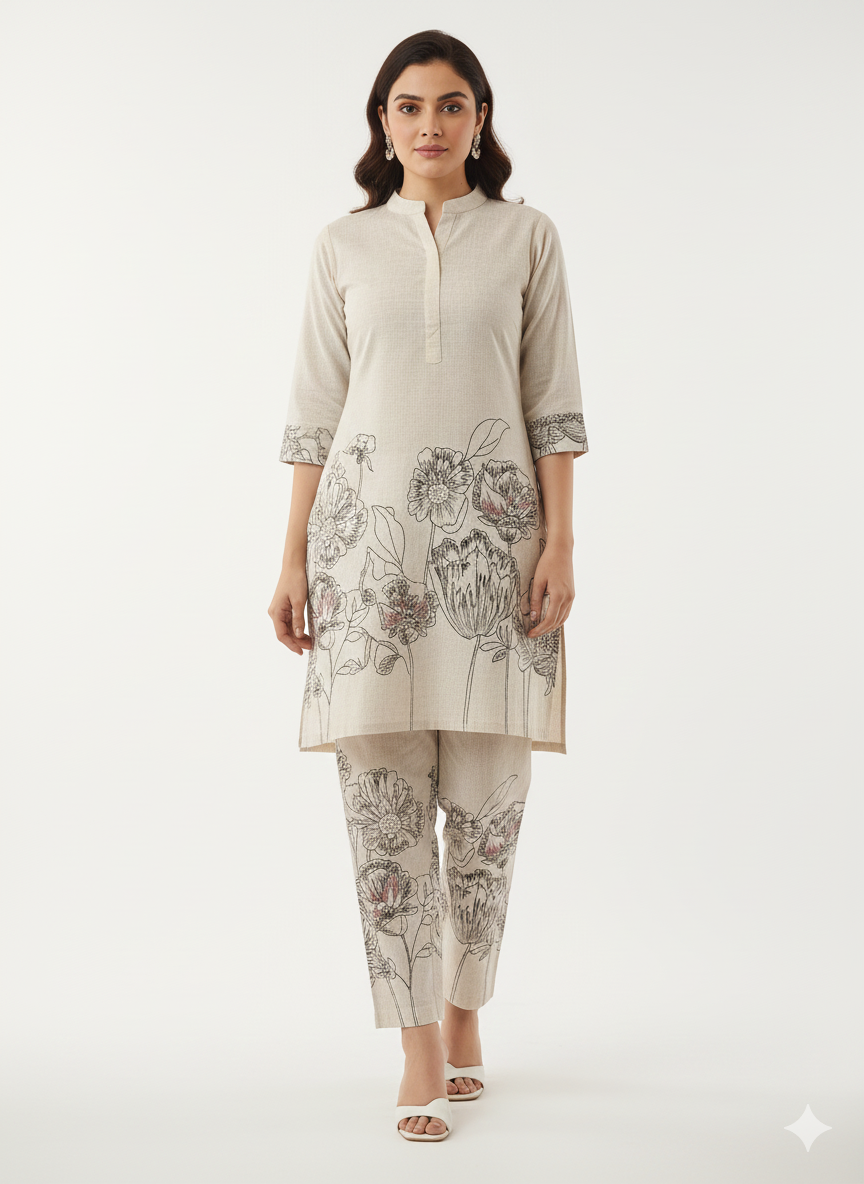 Beige Khadi Floral Printed Cord Set for Women – Elegant Khadi Cotton Co-ord with Straight Kurta & Pant | Office & Everyday Wear