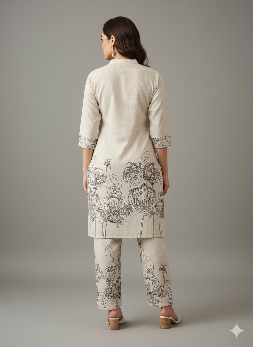 Beige Khadi Floral Printed Cord Set for Women – Elegant Khadi Cotton Co-ord with Straight Kurta & Pant | Office & Everyday Wear