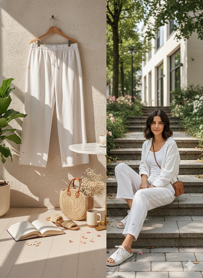 Women’s White Textured Straight-Fit Lounge Pants with Drawstring Waist