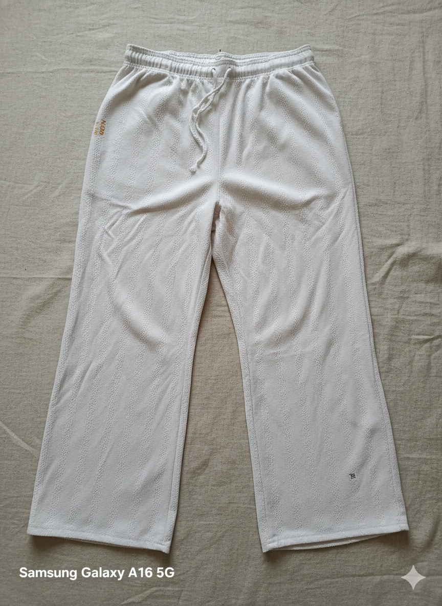 Women’s White Textured Straight-Fit Lounge Pants with Drawstring Waist