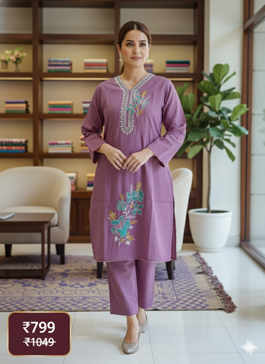 Lavender Embroidered Long Cord Set for Women | Elegant Floral Work Co-Ord Set