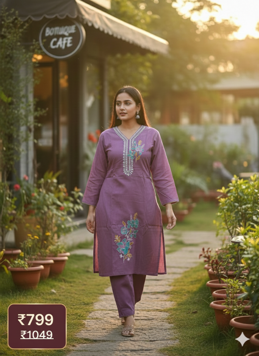 Lavender Embroidered Long Cord Set for Women | Elegant Floral Work Co-Ord Set